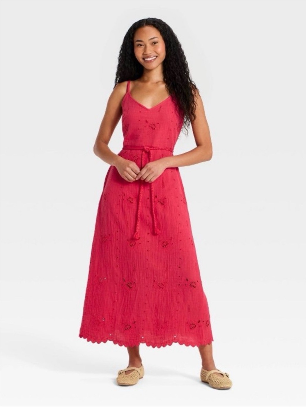 Universal thread cotton eyelet red watermelon coral dress